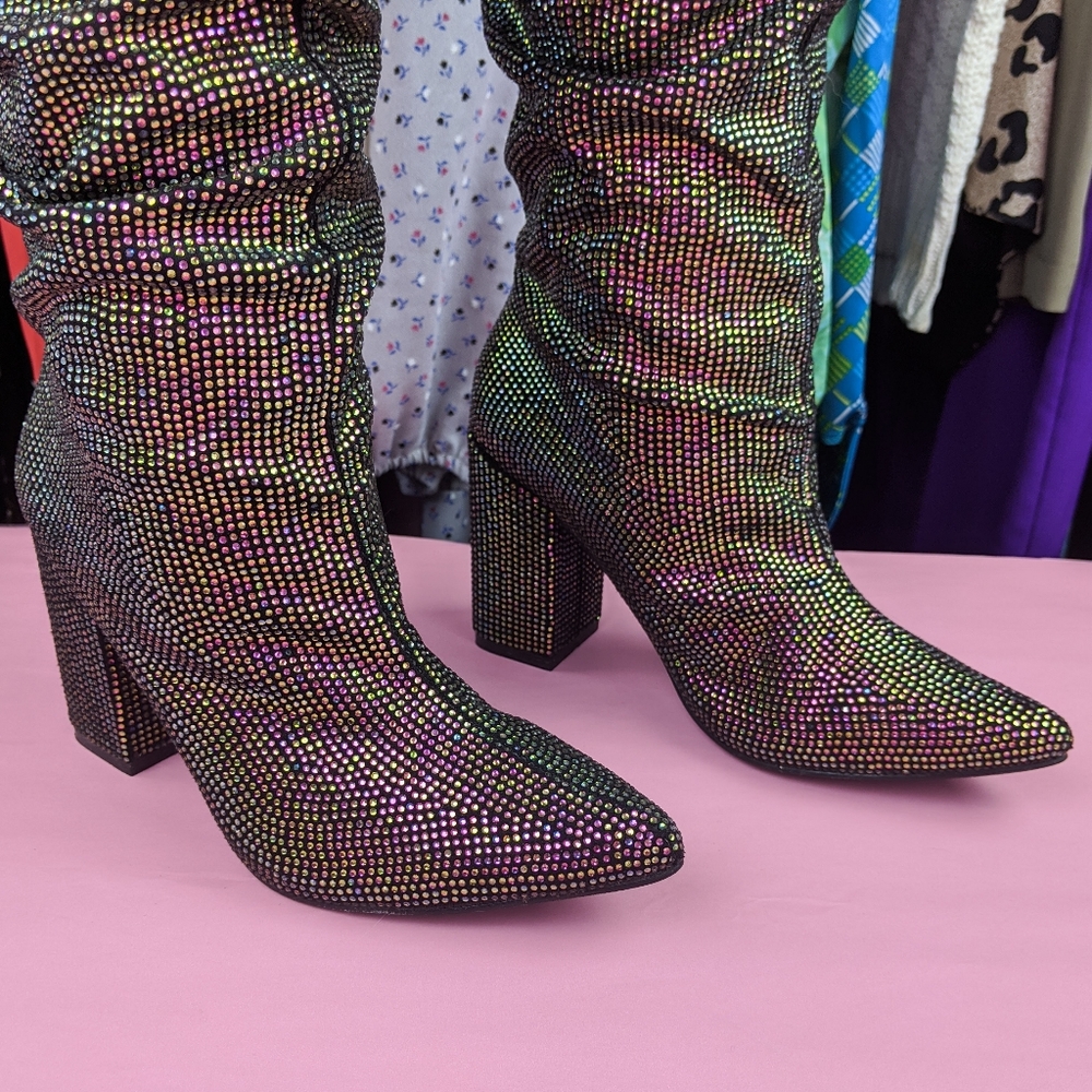 Rainbow rhinestone slouchy high heel boots - Picture 4 of 7